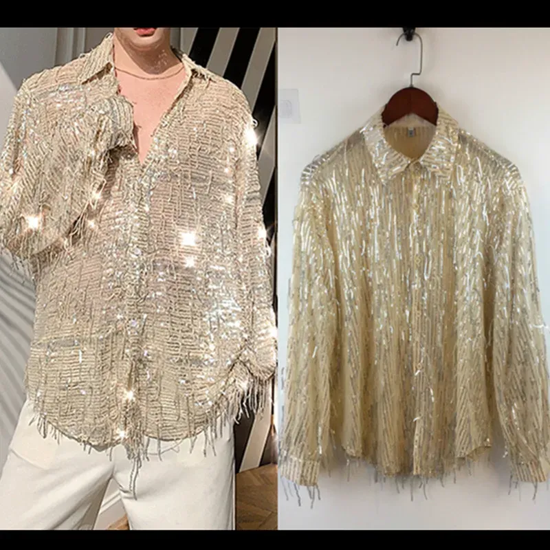 Vests Gold Black Sequins Perspective Tassel Loose Long Sleeve Shirt Men's Singer Dancer Performance See Through Fringe Shirts