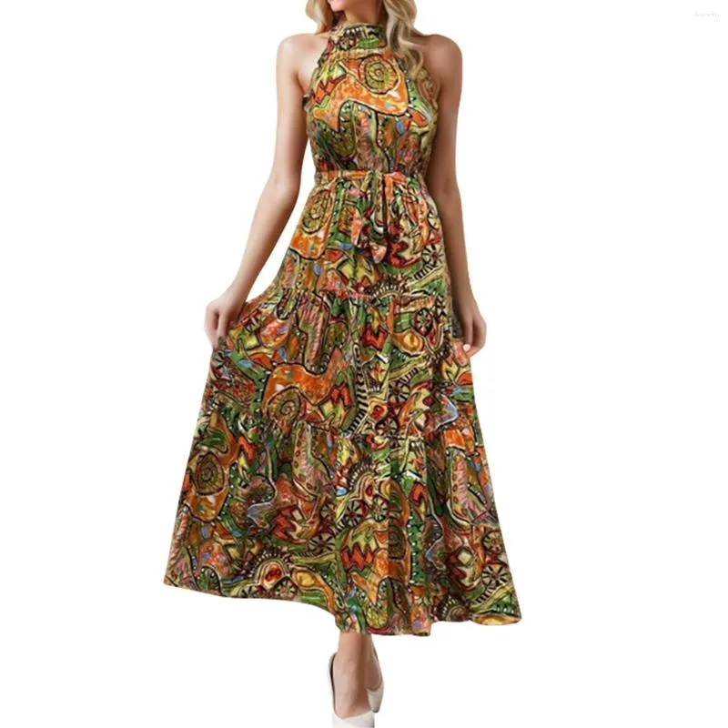 Vestidos casuais mulheres sem mangas halter pescoço maxi vestido verão vintage floral impressão alta cintura longa mulheres plus size