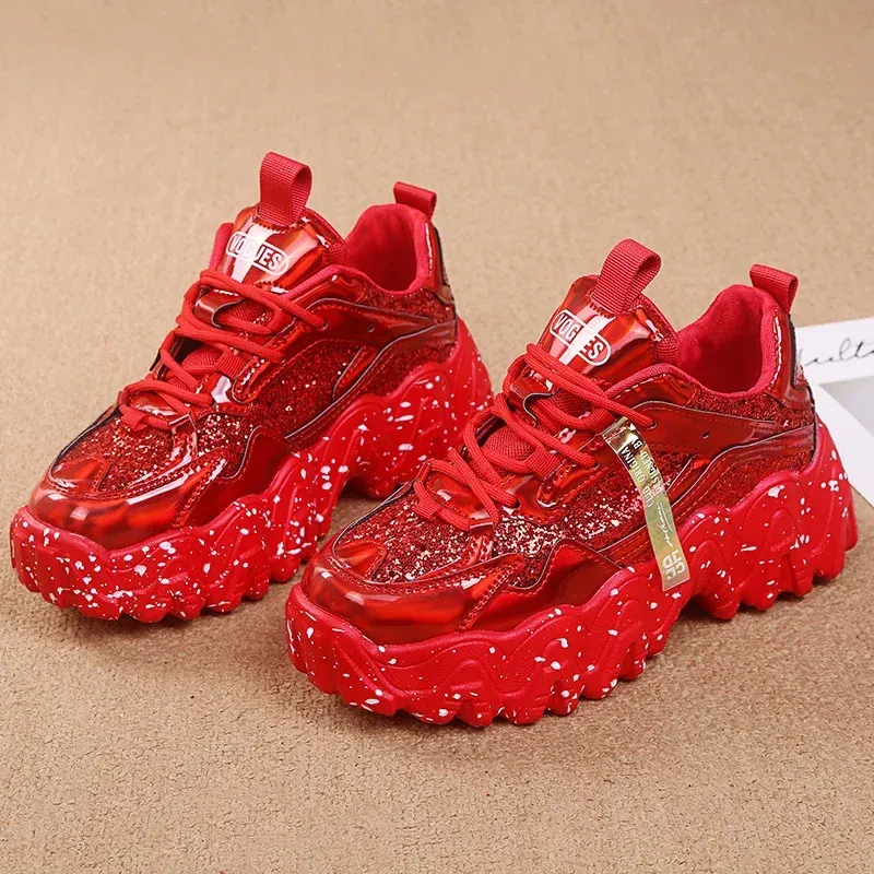 Shoes Comemore Women New Bling Platform Sneakers for Girls Casual Chunky Sneaker 6cm Thick Bottom Sports Shoes Platform Red Silver 40