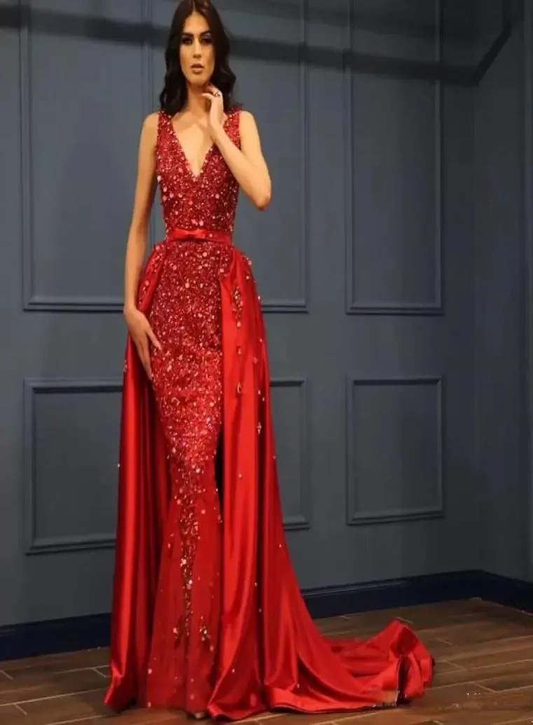 Robes de soirée sirène en dentelle perlée magnifique rouge avec train détachable col en V robes de bal pailletées balayage train cristaux de satin Forma5550852