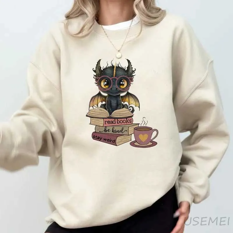 Kadın Hoodies Sweatshirts Dördüncü Kanat Dragon Baskılı Sweatshirt Kadın Fantezi Kitap Lover Sweat Hoodie Komik Uzun Kollu Kazak Kitap Sweatshirts 240401