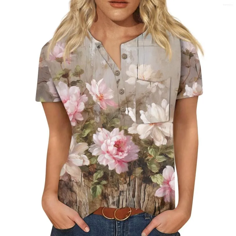 Damen-T-Shirts, 2024, trendiges Vintage-Kurzarm-Top für Damen, lässig, mit drei Vierteln, Knopfkragen, T-Shirt, Bluse, Urlaub
