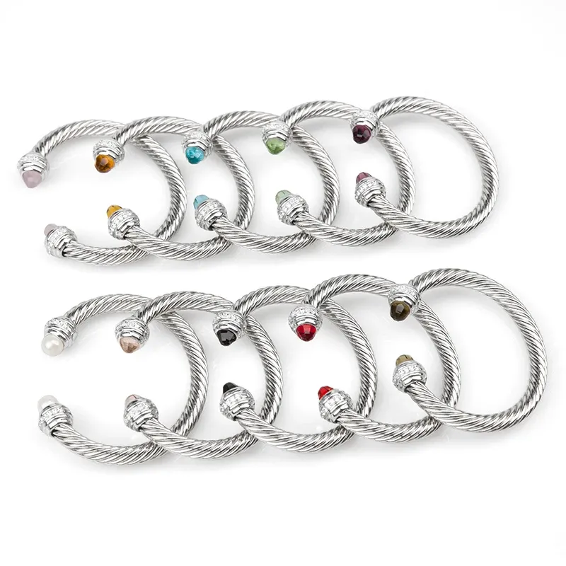 Bangles 7mm marca de luxo popular tecido torcido pulseira aberta com um círculo de pedra de zircão branco trançado cabo pulseira mulheres jóias