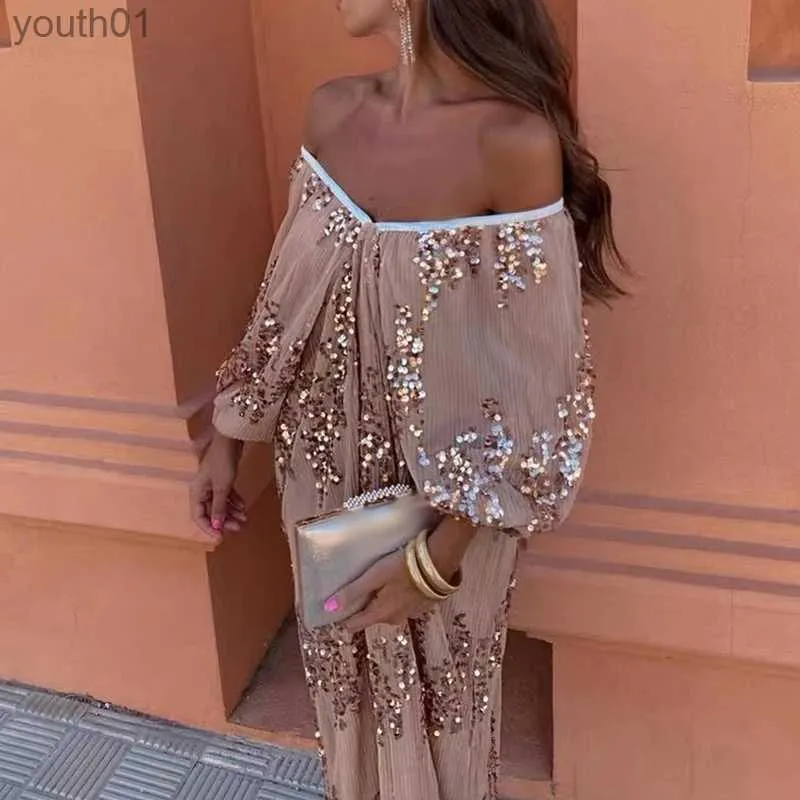 Grundläggande avslappnade klänningar 2024 Elegant Off Shoulder Batwing Sleeve paljetter klär kvinnor Lossa djup-V-cocktails fest vår sexig runway bankett yq240402