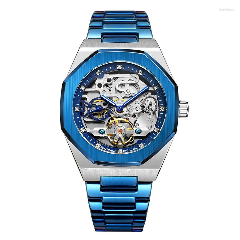 Montres-bracelets Cadran octogonal Bleu Précision Bracelet en acier Pointeur Mécanique Mouvement automatique Montre pour hommes