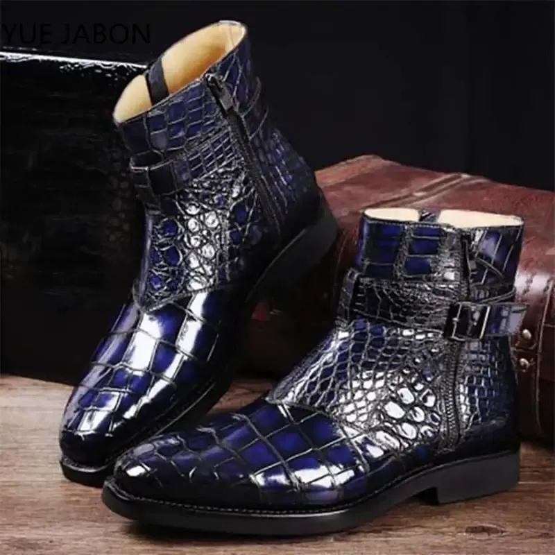 Botas azuis zíper dos homens tornozelo botas strap square dedo motocicleta botas crocodilo padroniza de couro sapatos zapatos hombre