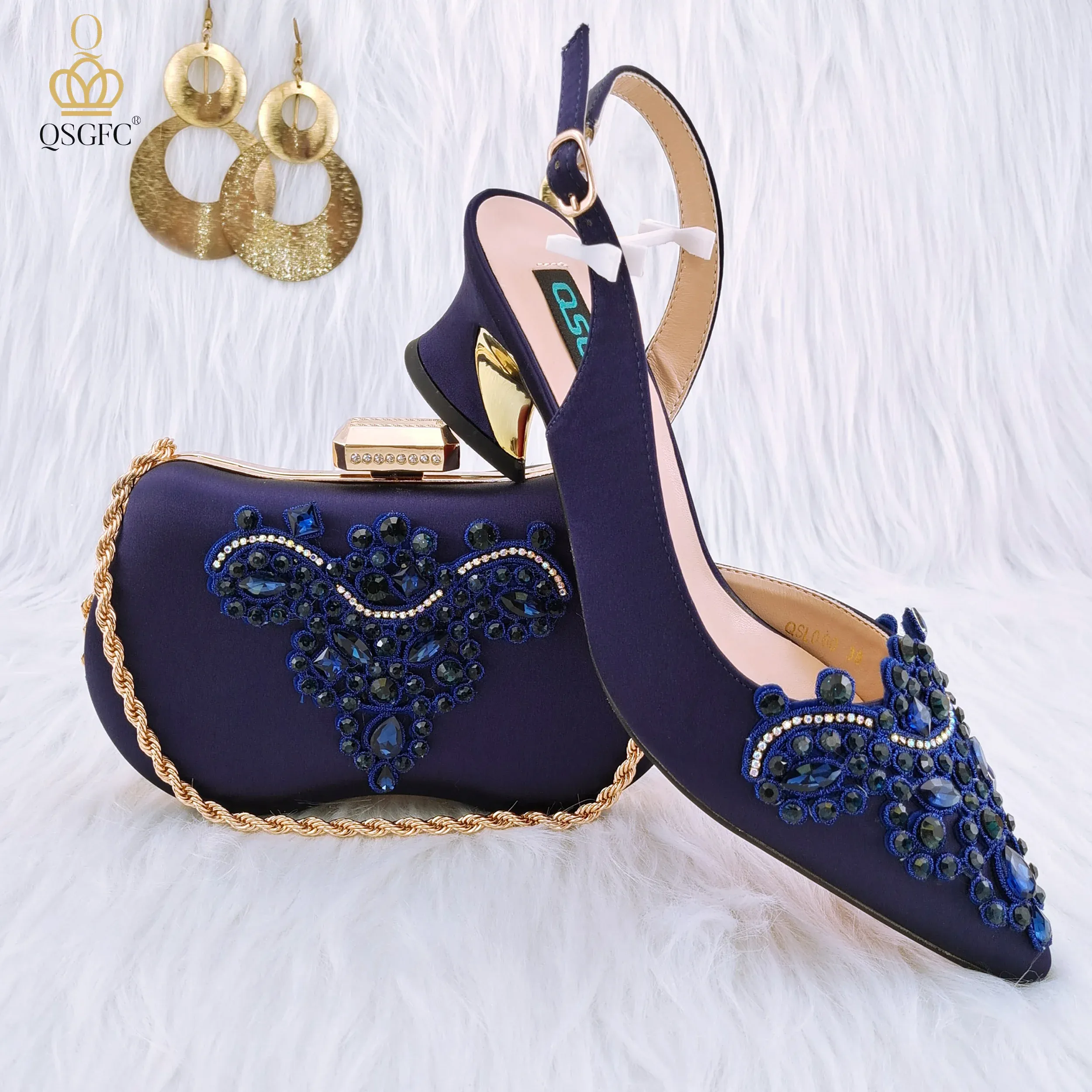 Pumps QSGFC New Navy Pointed Toe Heels With Multicolored Rhinestone Embellishments In Various Shapes Ladies Shoes And Bag