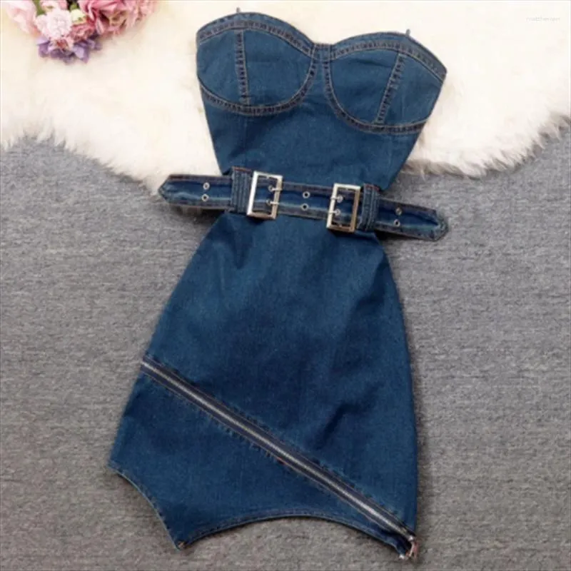 Trendy Women's Denim Dress Strapless Jean Dress with Belt, Irregular Hem,  Zipper Detail Casual Chic Style for Women