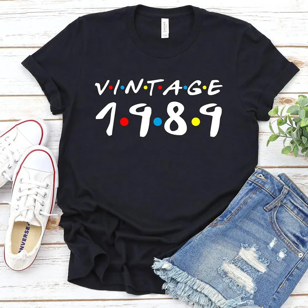Maglietta oversize vintage 1989 da donna per la festa del 35° compleanno, vestiti da donna, anni '80, maglietta in cotone grunge, causale, allentato, nero, top 240401