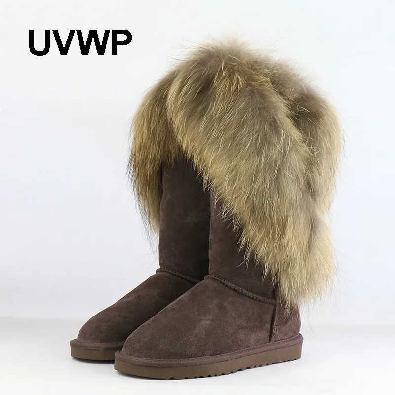 Buty UVWP moda naturalna prawdziwe lis futra damskie zimowe buty śnieżne ciepłe długie buty oryginalne krowie skórzane buty zimowe buty damskie buty