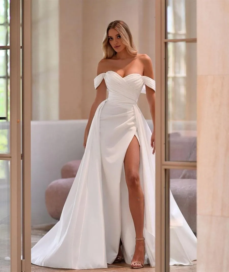 Satin Beading A Line Off The Shoulder Wedding Dress With Slit main image 1