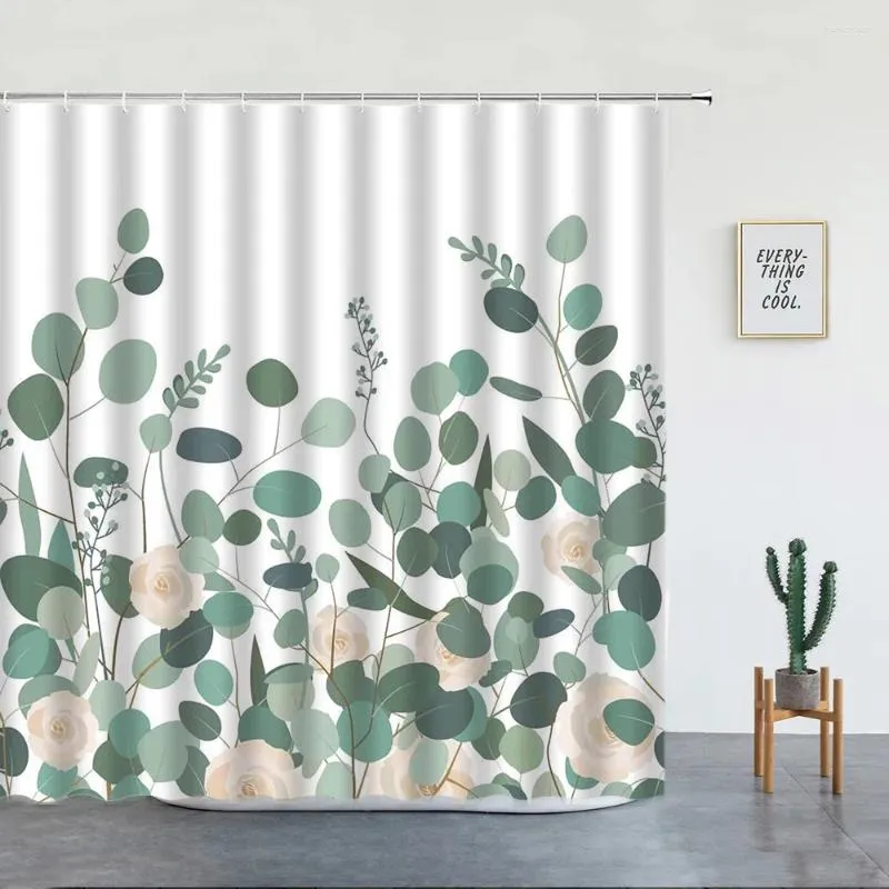 Shower Curtains Green Plant Leaves Spring Pink Flowers Leaf Simple Art Home Decor Polyester Fabric Bathroom Curtain With Hooks