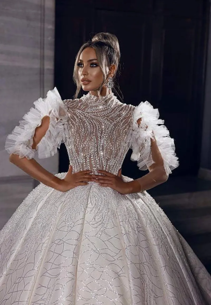 Designer Ball Gown Wedding Dresses Sequins Ruched Designer Lace High-Neck Beads Sweep Train Backless Custom Made Bridal Plus Size Vestidos De Novia