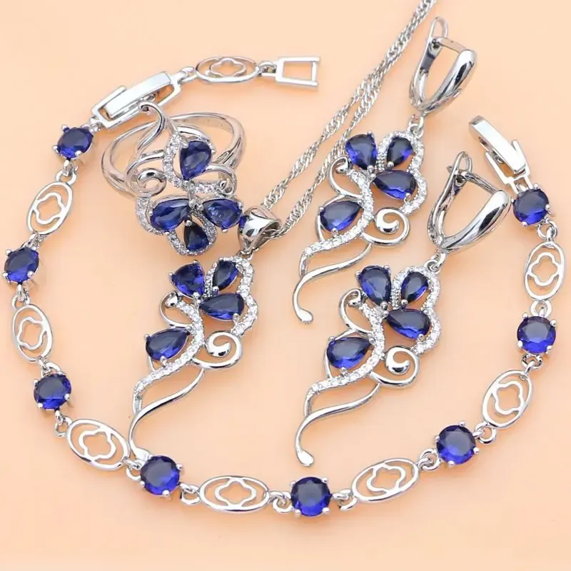 Silts Silver 925 Bijoux de mariée Ensemble de bijoux bleu costume de cristal blanc saphir bleu pour femmes pierres de feuilles de boucles d'oreilles