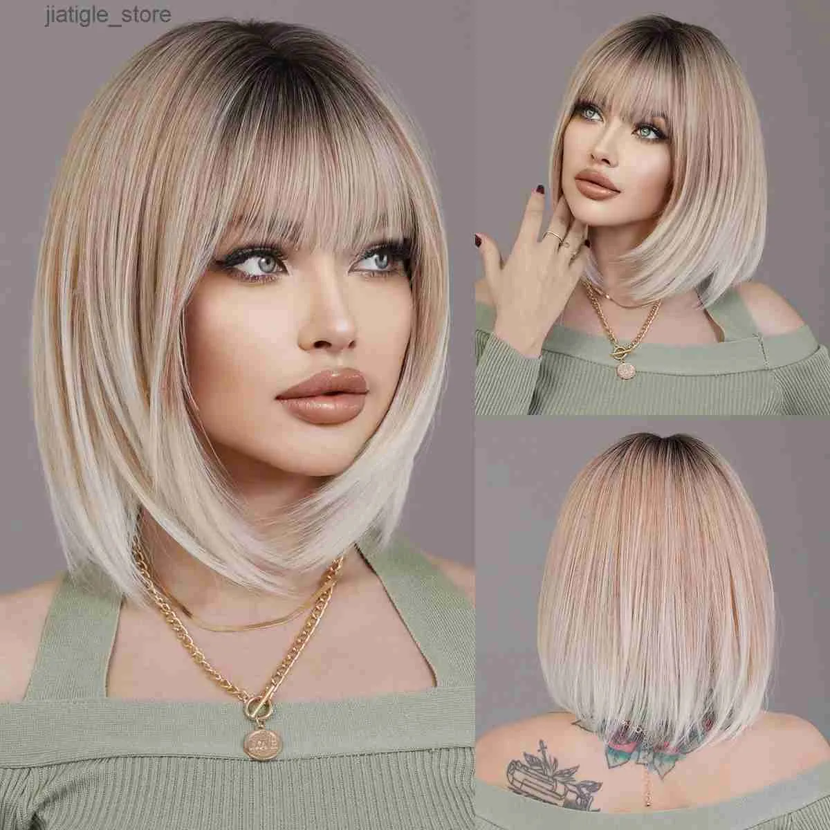 Synthetic Wigs NAMM Ash Ombre Bob Blonde Women Wig for Women Daily Party Short Straight Wigs Synthetic Wigs with Fluffy Bangs Heat Resistant Y240401