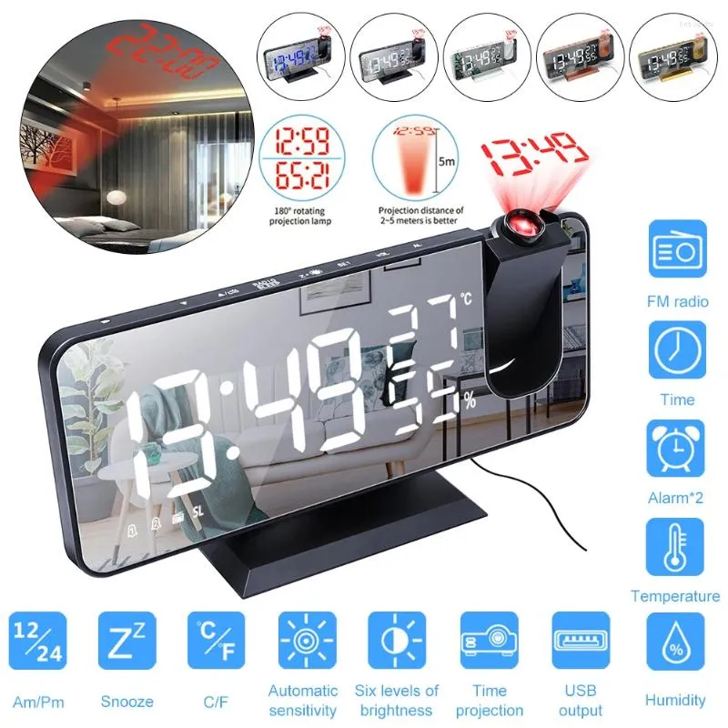 Bordklockor Projektion Digital väckarklocka 180 ° Roterbar radio med temperaturfuktighet Display för sovrumskontor