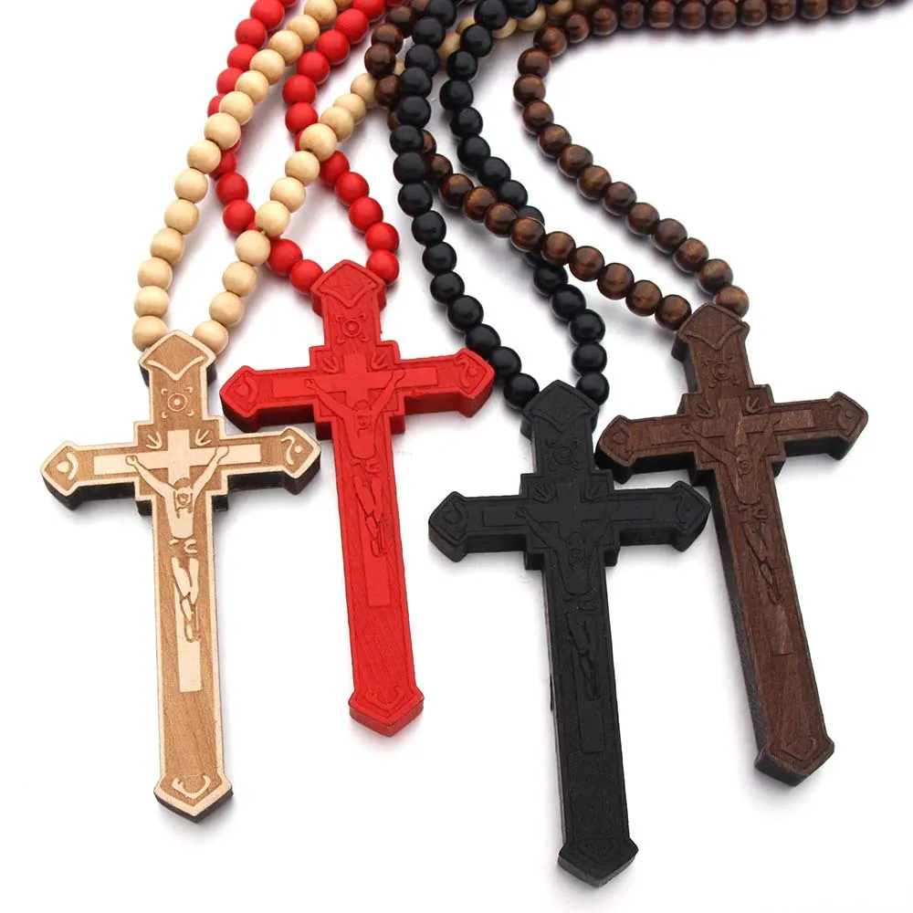 Crucifix krzyżowy Naszyjnik ręcznie robione klasowe drewniane koraliki pasma Hiphop Naszyjniki drewno religijne Jezus Hip Hop Biżuter