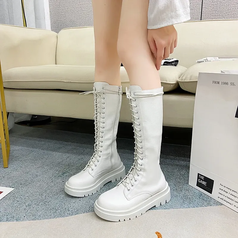 Boots New Winter Gothic Shoes Tall Boots Leather Cross Lace Up Women Fashion Platform Botas Mujer Rider Boots Elegant Slim Fit Boots