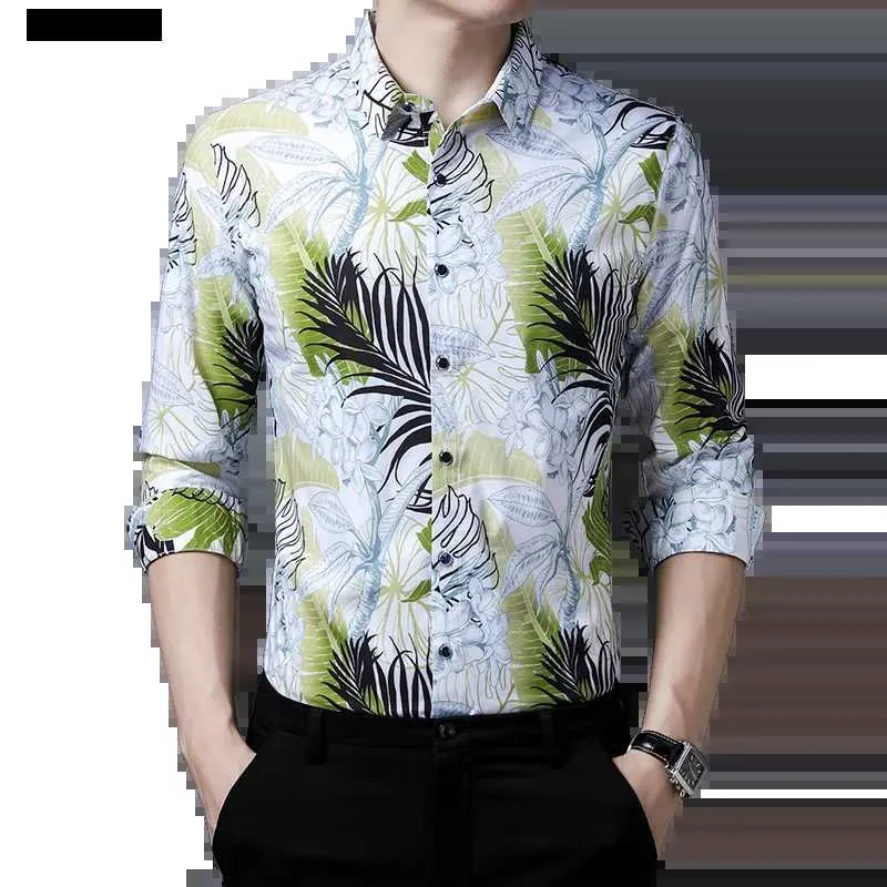 Мужские футболки-поло Man Hiinan Одежда Осенние рубашки с принтом цветов Мужская мода Цветочные платья с длинными рукавами yq240401