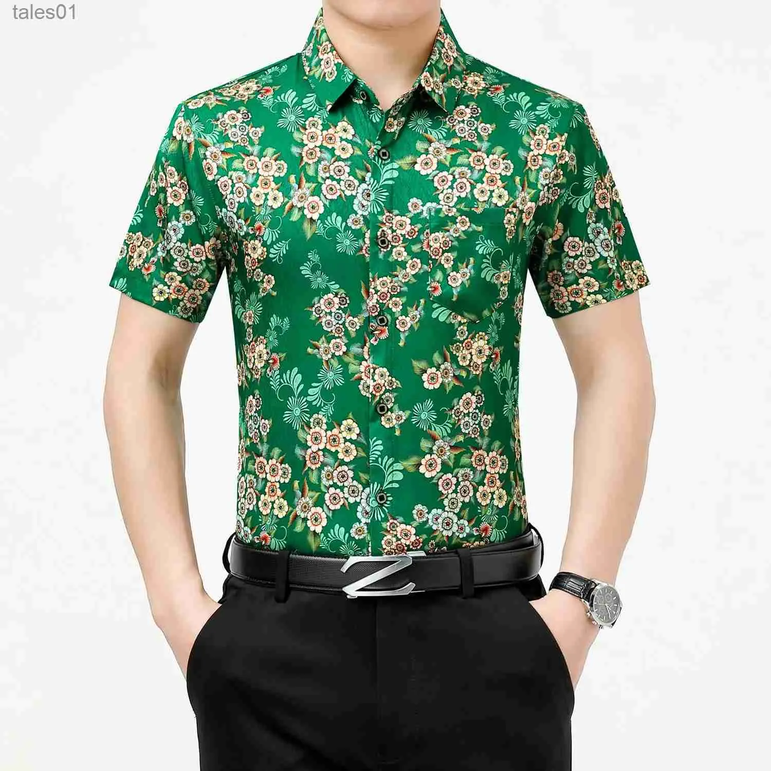 Men's Plus Tees Polos Mens Ice Silk Blouse Tops 2022 Summer Fashion Floral Printed Clothing Short Sleeve Male Cool Flowers Dress Shirt yq240401