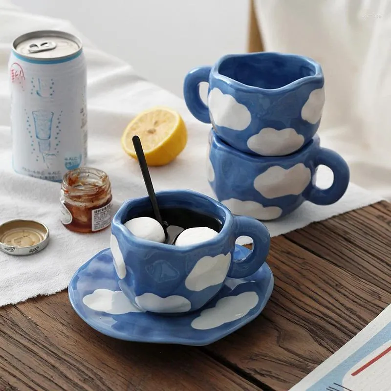 Tasses Soucoupes Japonais Peint À La Main Le Ciel Bleu Et Les Nuages Blancs Tasse À Café Avec Soucoupe En Céramique À La Main Thé Eau Lait Tasse Cadeau Mignon Pour