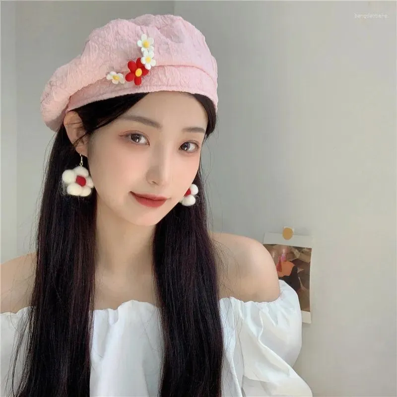 ベレー帽の小さな花の装飾バブルベレー帽子女性夏韓国語バージョンかわいいピンクの白い画家帽子ボイナスパラムージャー