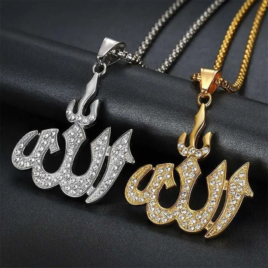 Hip Hop Iced Out Allah Pendant & Chains Gold Color Stainless Steel Islamic Muslim Necklaces For Women Men Jewelry Drop246Y