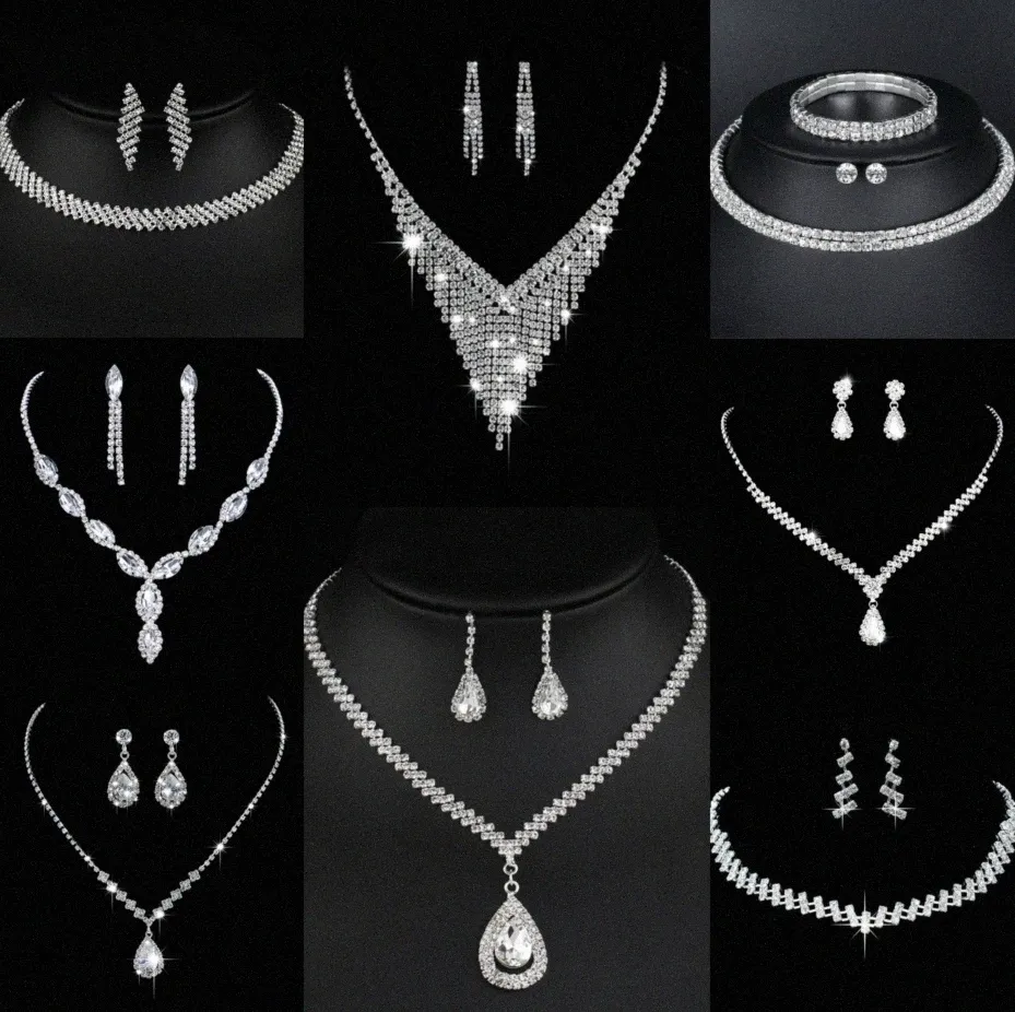 Värdefulla lab diamantsmycken Set Sterling Silver Wedding Halsbandörhängen för kvinnor Bridal Engagement Smyckesgåva E8DU#