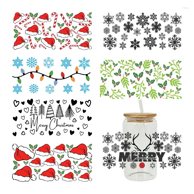 Autocollants de fenêtre UV DTF Autocollant de transfert Joyeux Noël pour les verres Libbey de 16 oz Wraps Bouteilles Cup Can DIY Stickers personnalisés imperméables D5406