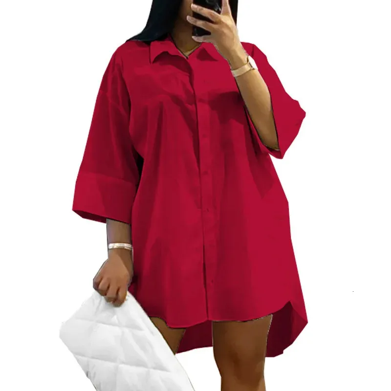 Plus storlek 5xl Women Shirt Dress Solid Color Turndown Collar Summer Mini Lady Loose Loose Irregular Beach Vestidos 240319