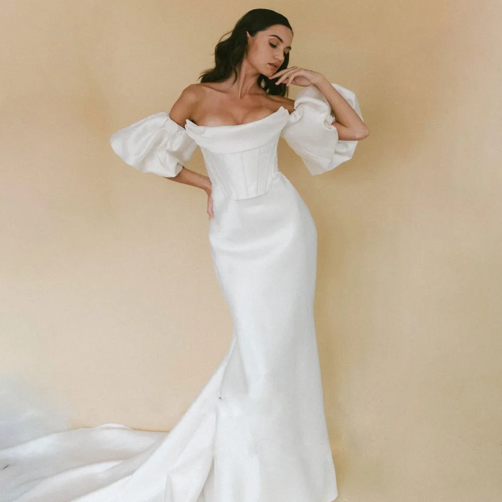 Modern Corset Mermaid Wedding Dresses Strapless Puffy Short Sleeve Gown ...