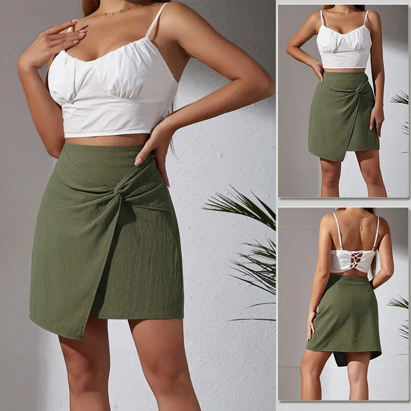 Style Versatile Summer Cotton and Hemp Womens Solid Color Slim Fit Fashion Elegant Commuting Aline Wrapped Hip Skirt 240401