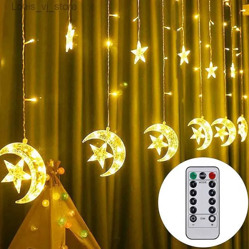 LED Strings 138 Star Moon Curtain String Lights Window USB Powered With Remote Control 8 Modes Decorations YQ240401