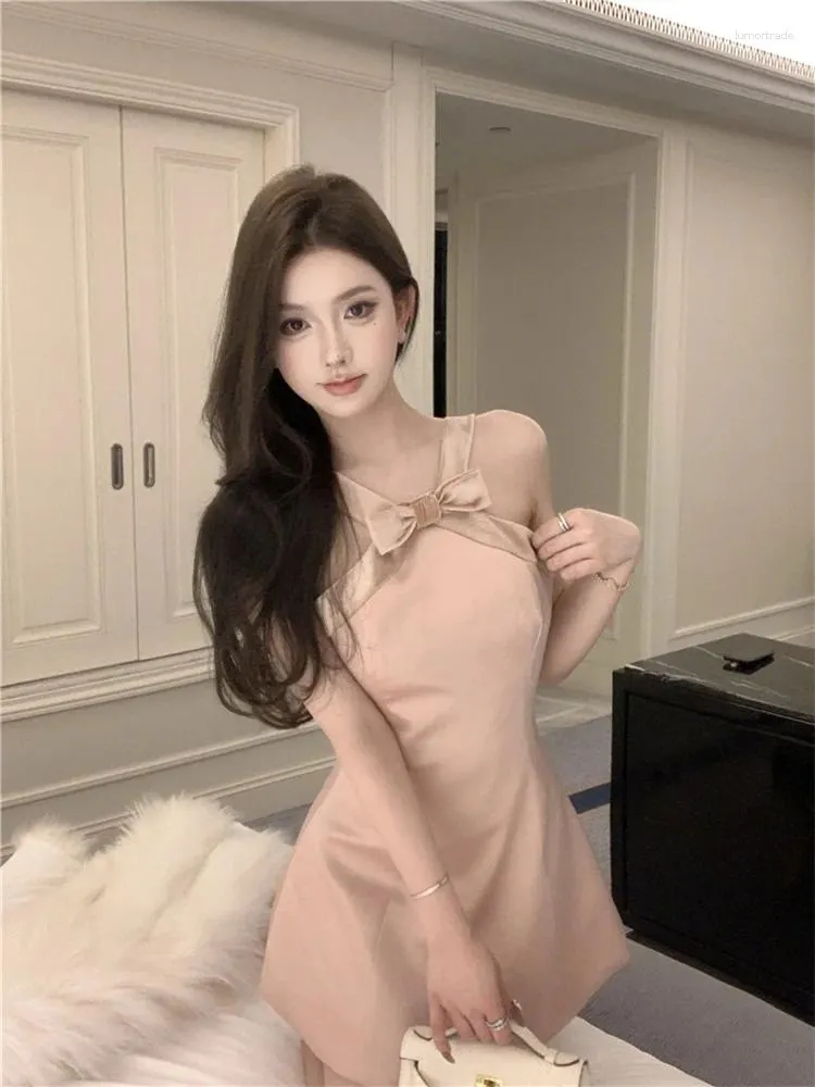 Casual Dresses Sweet Bow Tie Satin Dress For Women Spring Summer Party Sexy Slim A-line Formal Short Pink Evening Halter Neck