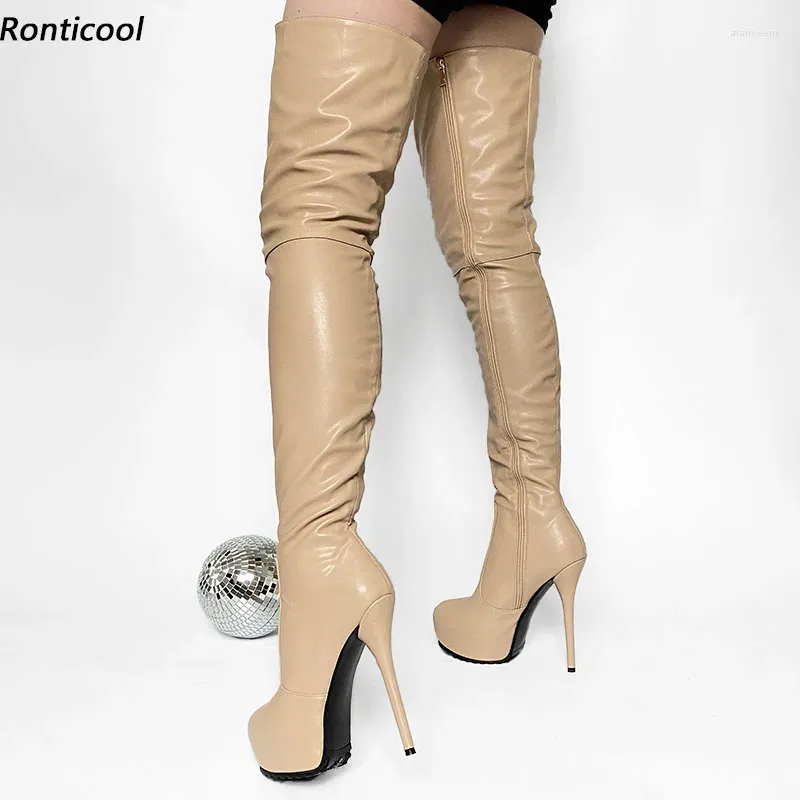 Bottes Ronticool Femmes Hiver Cuisse Imperméable À L'eau Pleine Fermeture À Glissière Talons Aiguilles Bout Rond Jolies Chaussures De Fête Nues Taille US 5-20