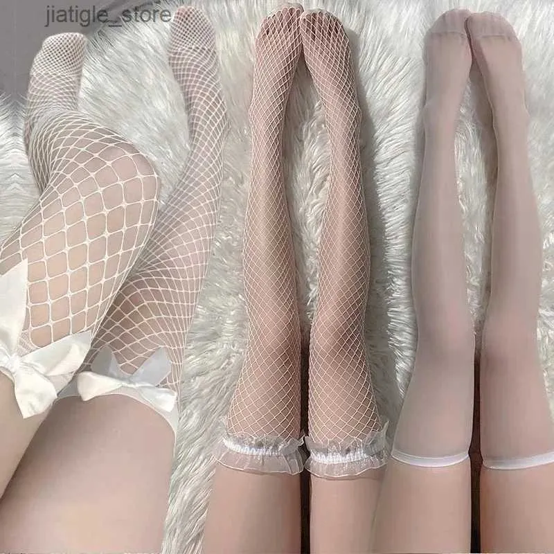 Sexy Socks Black White Sexy Overknee Long Socks Women Sweet Girls Lolita Bowknot Thigh High Fishnet Stockings Gothic Punk Lace Mesh Legging Y240401