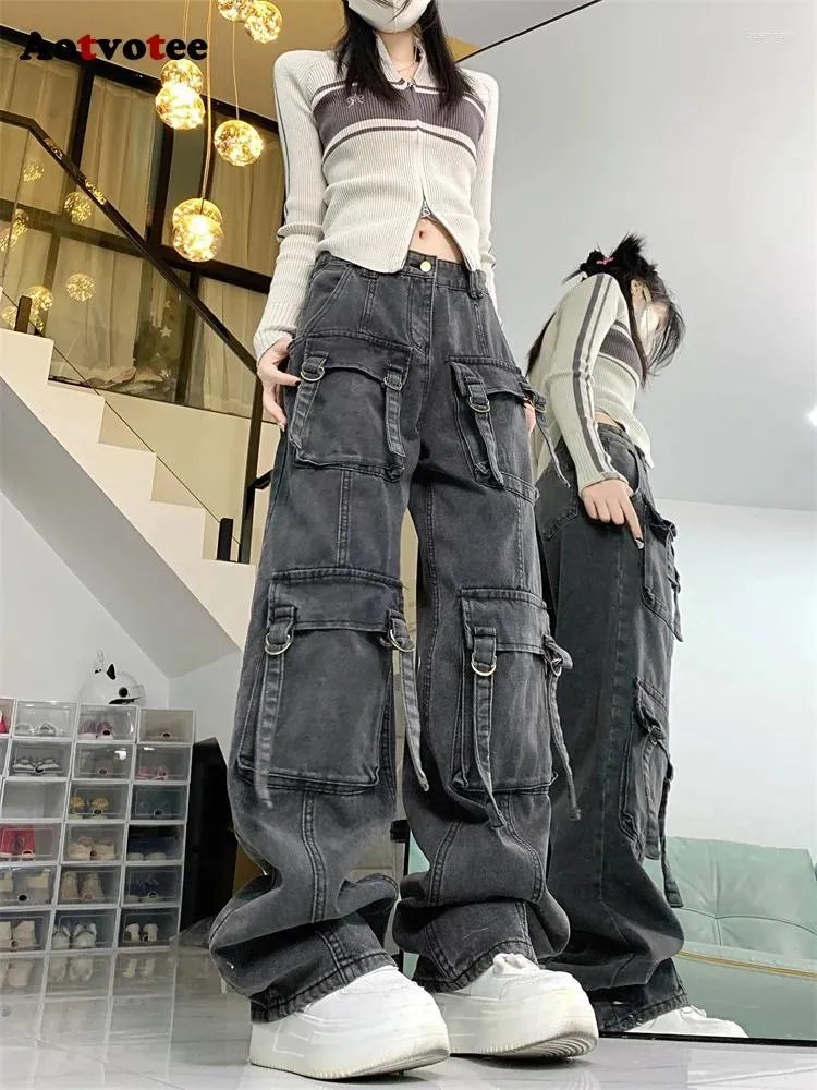 Frauen Jeans Aotvotee Washed Do Old für Frauen 2024 Streetwear Hohe Taille Lose Cargo Hosen Vintage Volle Länge Taschen Gerade