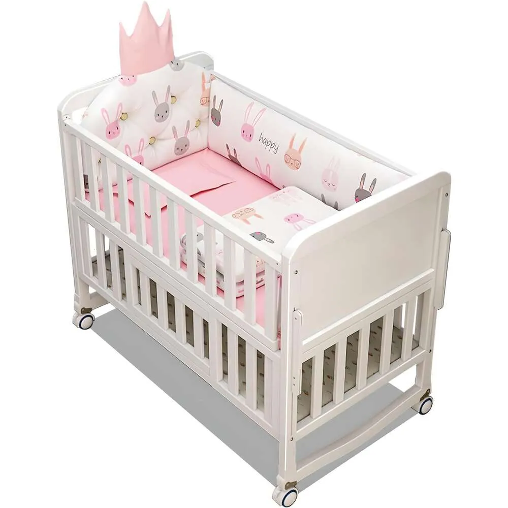 6-in-1 Convertible Baby Crib Multifunction Mini Crib with 5 Piece Toddler Bedding Set - Random Blue or Pink Included - Perfect for Your Growing Child