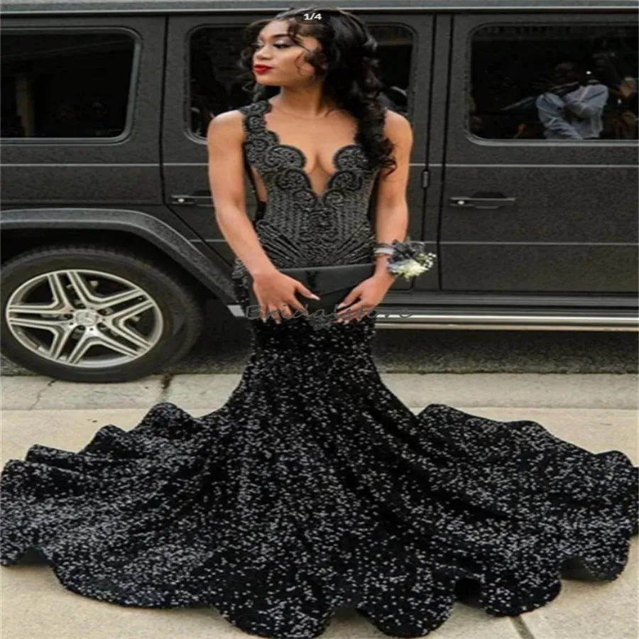 Shine Black Evening Dress 2024 O Neck Mermaid Rhinestone Crystal Prom Dresses Glitter Sequin Black Women Formal Eccase Party Födelsedag Vestidos de Fiesta 2024