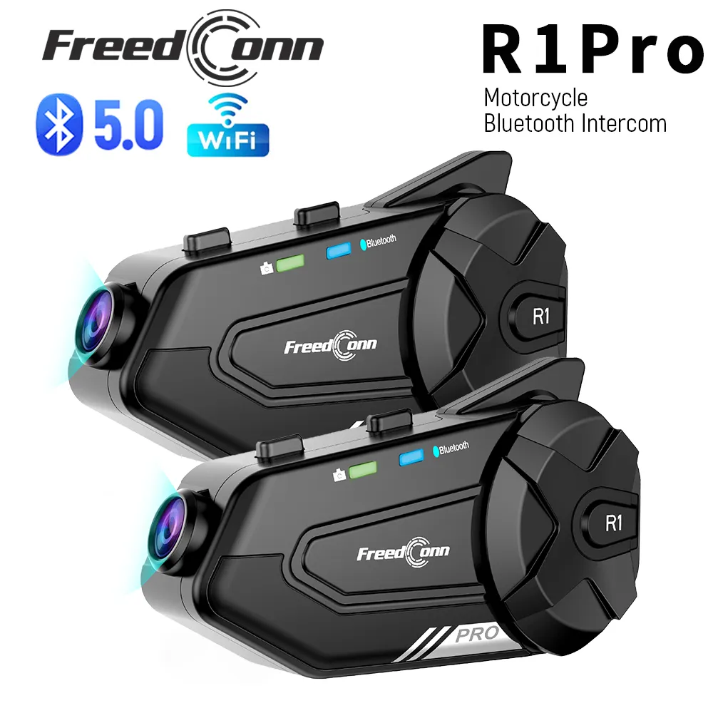 FreedConnモーターサイクルダッシュカムヘルメットヘッドセットインターコムビデオ録音1440p Bluetooth FM 1000m Music Share Interphoneコミュニケーターシステム