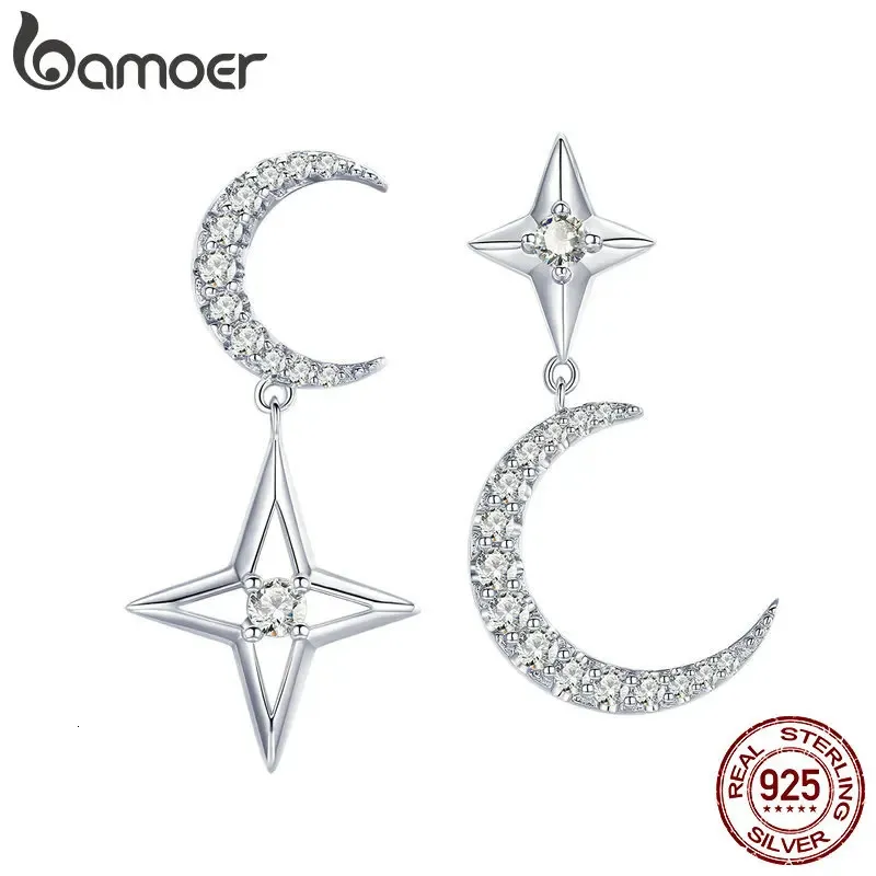 Sterling Silver Moon Star Dangle Earrings for Women Clear Cubic Zircon Wedding Jewelry BSE050 240401