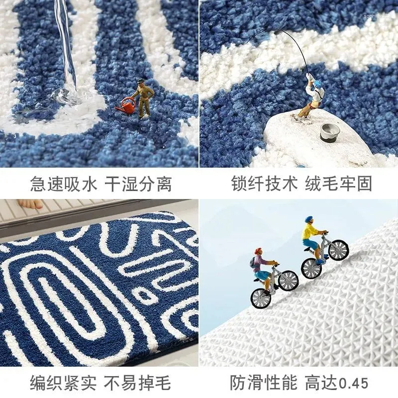 Tapetes de banho Tapete Arte e Banheiro Reunindo Conjunto Geométrico Piso Espessado Azul Alta Decoração Tapete Qualidade Stripe Branco