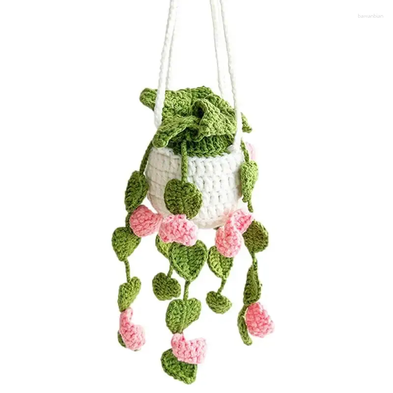 装飾的な置物車のかぎ針編みの飾りかわいいバックリビューミラーチャームペンダント手作りのニット人工吊り植物のための装飾用