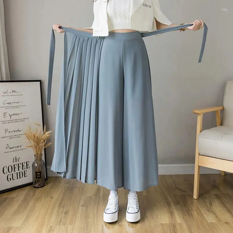 Women's Pants Summer Solid Color Fashion Wide Leg Trousers Women High Street Casual Loose Elastic Waist Lacing Culottes Elegant Pleated