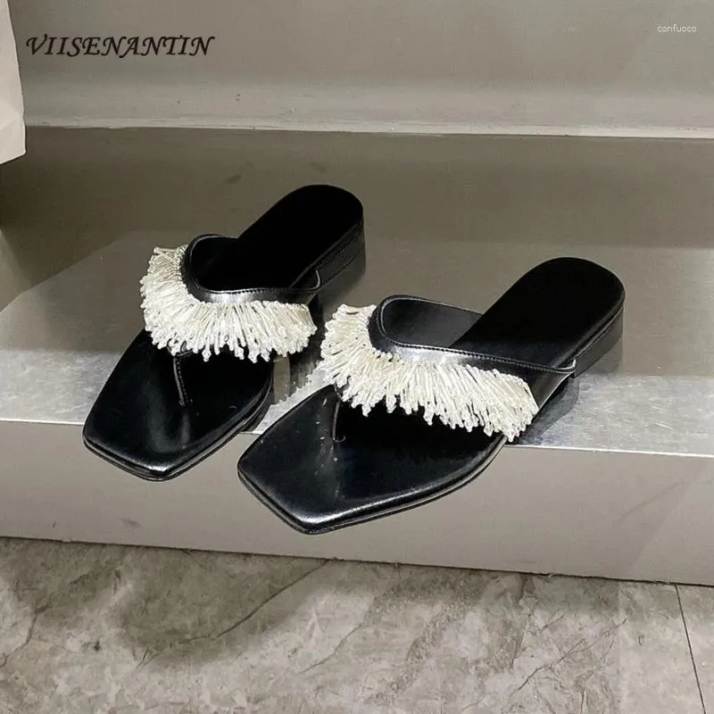 Hausschuhe Est Handgefertigte Perlen-Blumen-Cluster-Flip-Flops für Damen aus echtem Leder mit niedrigem Absatz, Sandale, modischer Slip-On, lässiger Sommerschuh