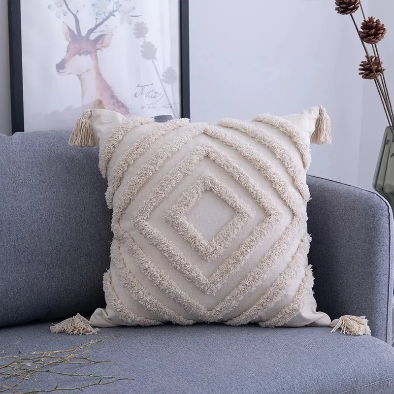 Tassels Cushion Cover Beige Boho Pillowcase with Tassels Tufted Home Decor Handmade Woven Pillowcase Sofa Living Room Decoration