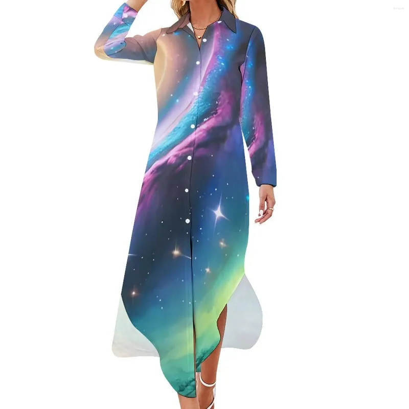 Casual Dresses Galaxy Ocean Dress Colorful Print Aesthetic Long Sleeve Cute Womens V Neck Printed Big Size Chiffon