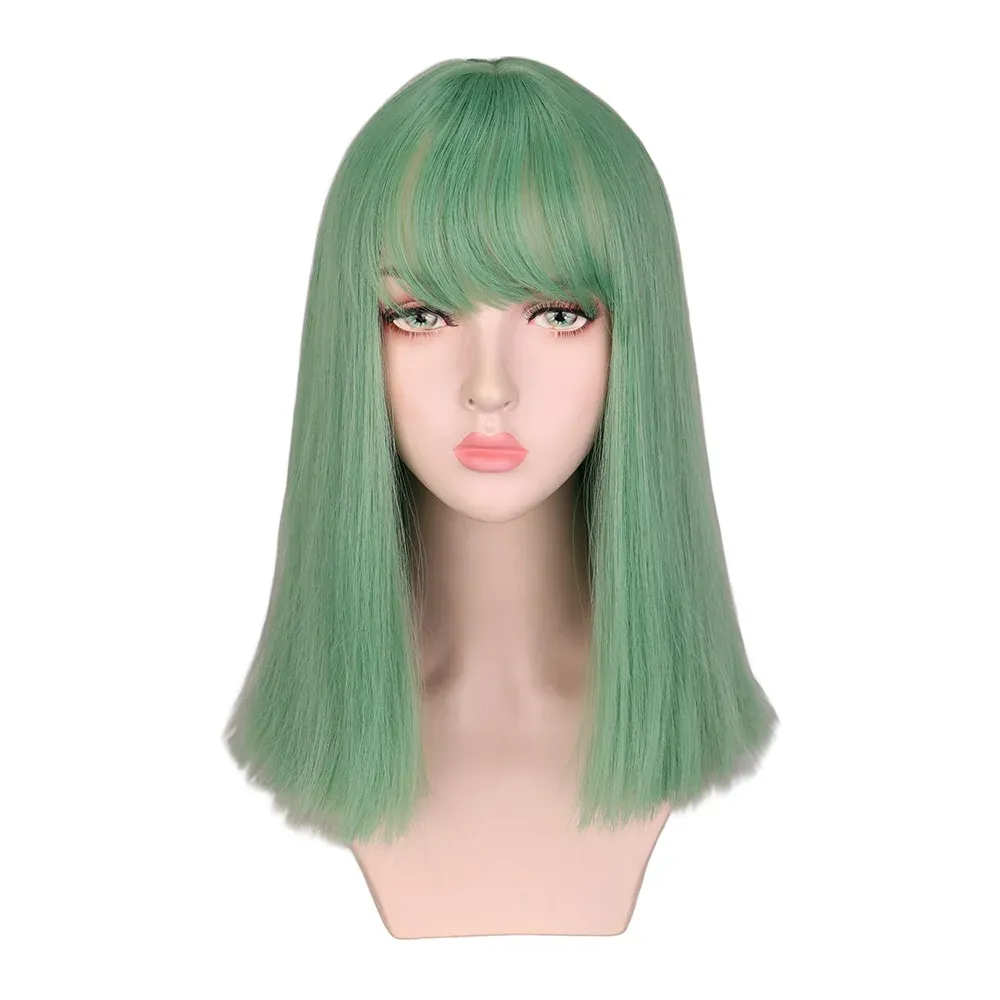 Perucas QQXCAIW Médio Reto Bobo Peruca Neat Bang Mulheres Meninas Cosplay Festa Traje Verde Perucas de Cabelo Sintético Branco / Preto Mulheres Meninas