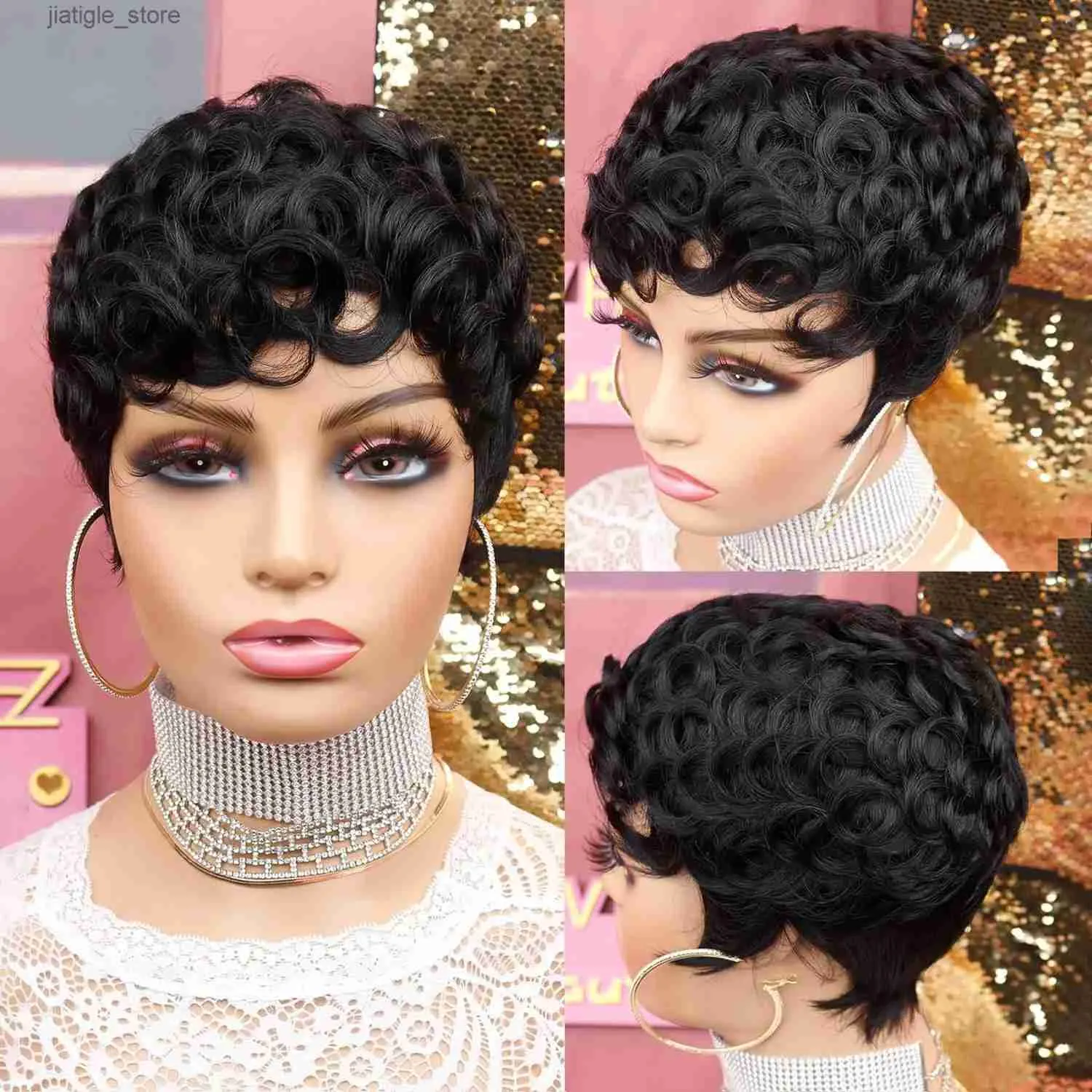 Perruques synthétiques courtes boucles bouclées pour les femmes noires Wig Wig Wig Natural Black Cut Wigs pour les femmes Afro Pixie Coup Wigs Pixie Wigs Court Y240401