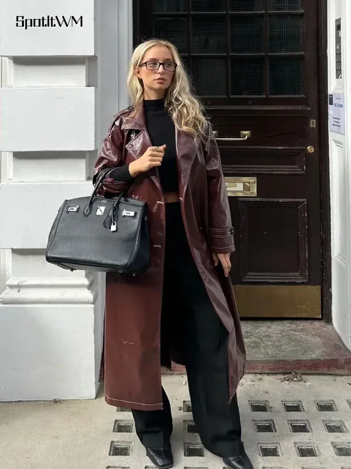 Burgundy Leather Long Coat Elegant Womens Winter Windbreaker